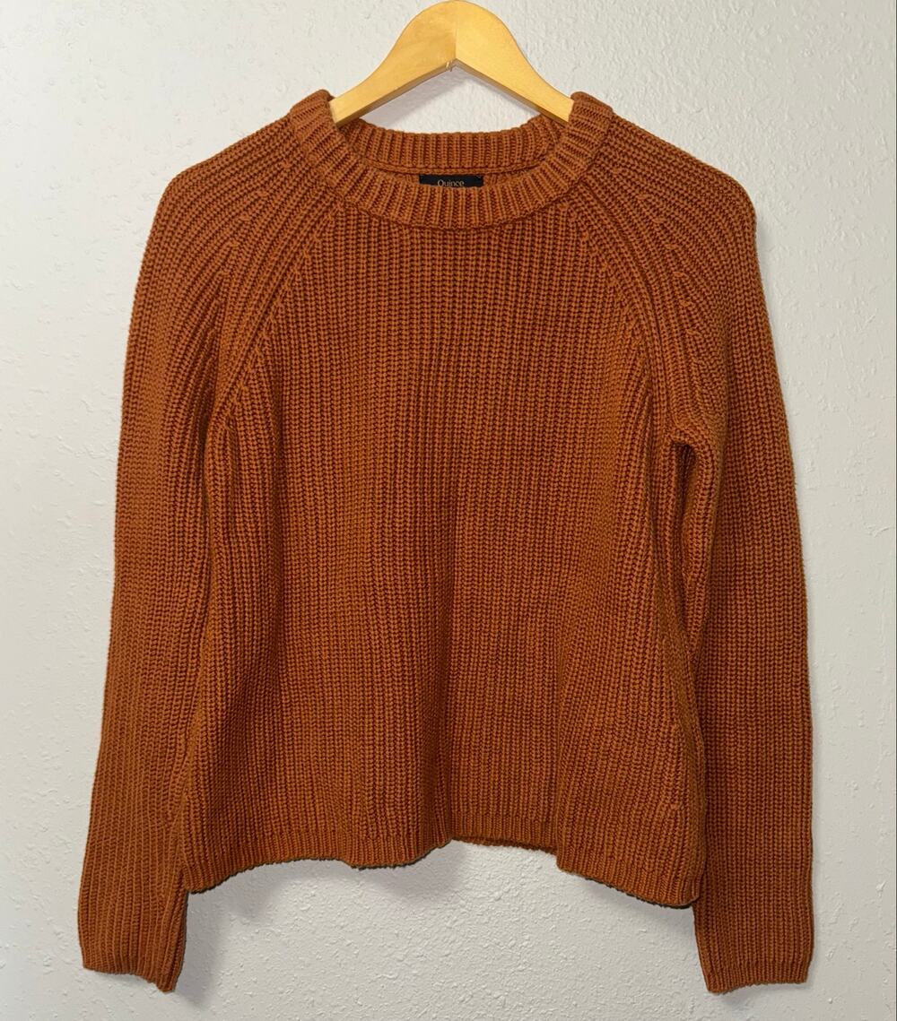 Quince Organic Cotton Chunky Knit Burnt Orange Fisherman Sweater Women's S Fall